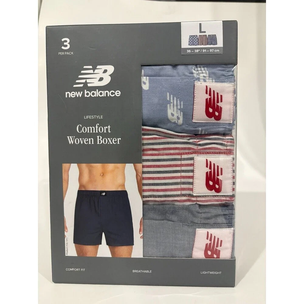 New Balance Comfort Woven Boxers 3 Pack Mens Large 36-38 Cotton NIB Gray Blue